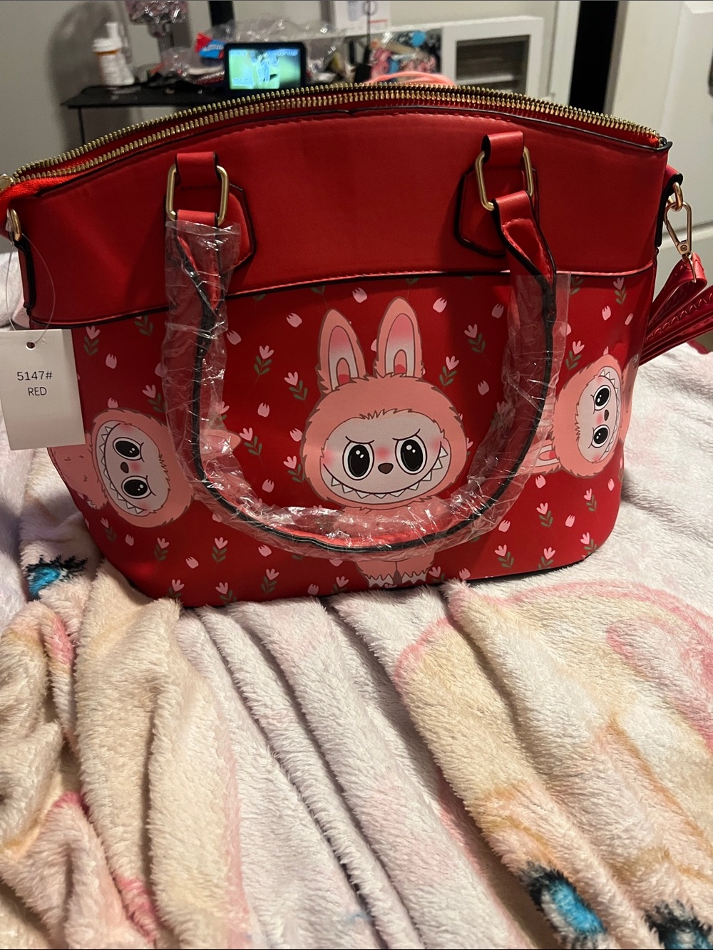 Red Bunny-Print Tote Bag with Top Handles